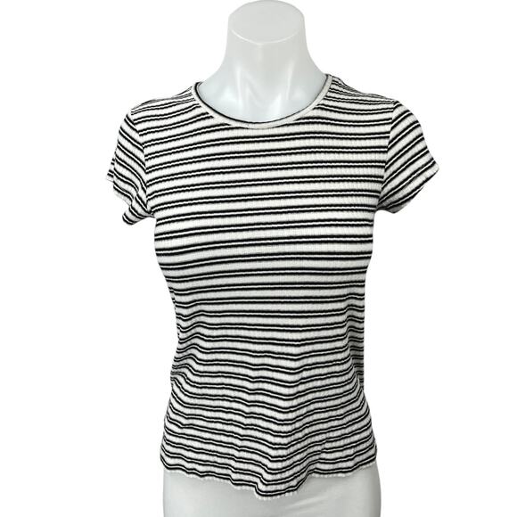 Max Studio Black White Knit Striped Short Sleeve Slim Fit Tee T-shirt Top Size M - Picture 1 of 4